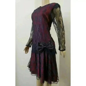 GILBERTI Victorian Vintage Navy Lace Dress 10 M L Goth Flapper 80s Midi Formal